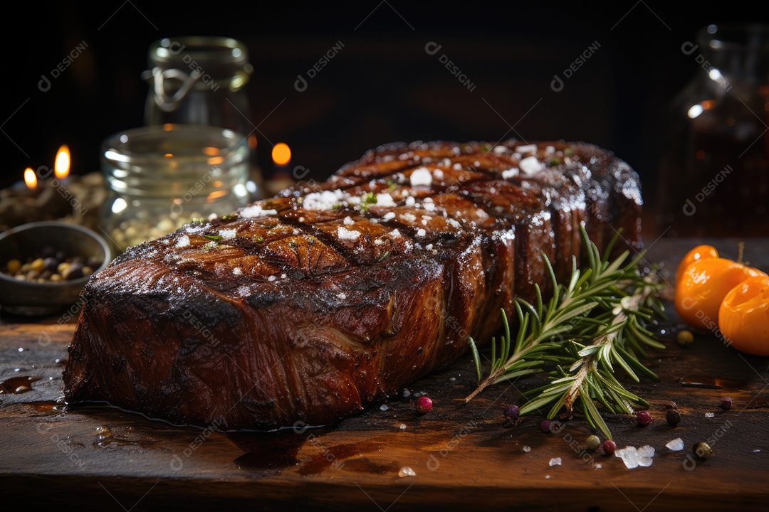 Picanha suculenta sobre brasas, rodeada de alecrim e sal.