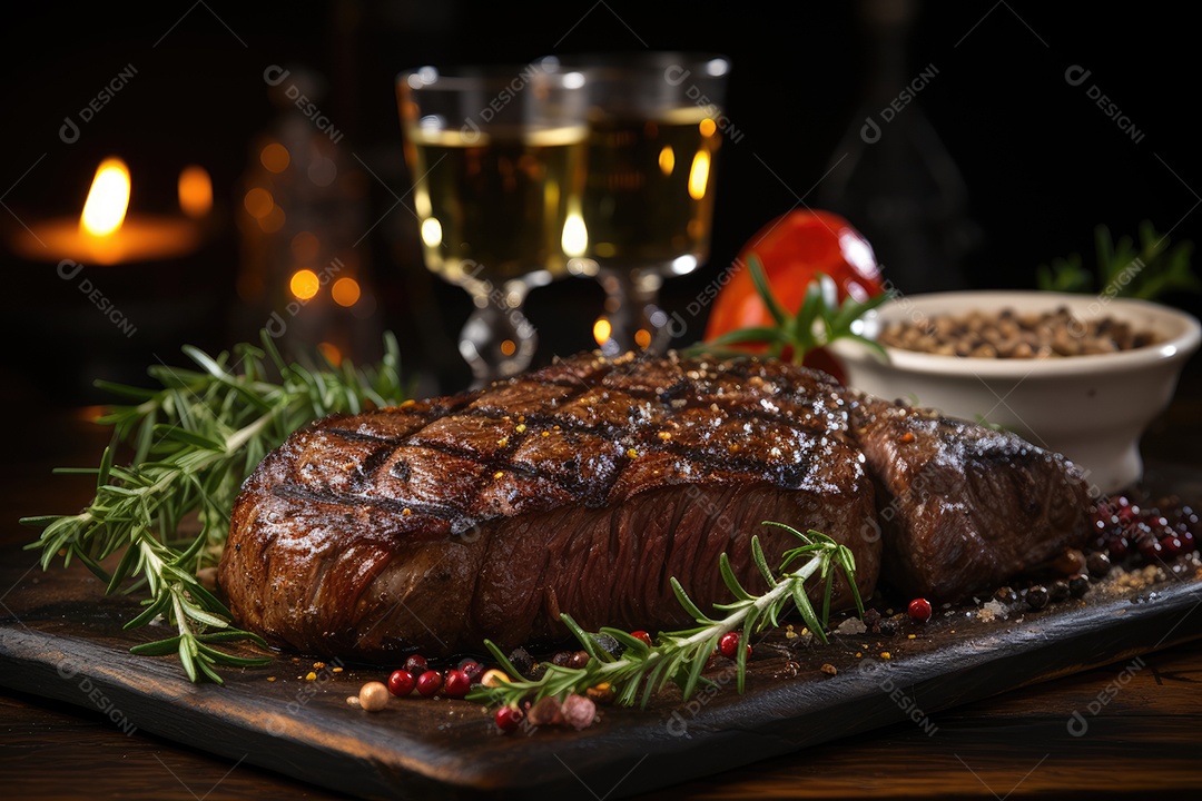 Picanha suculenta sobre brasas, rodeada de alecrim e sal.