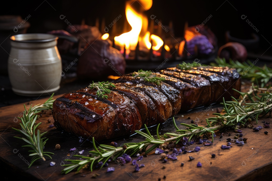 Picanha suculenta sobre brasas, rodeada de alecrim e sal.