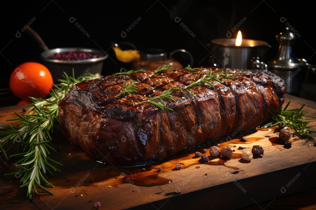 Picanha suculenta sobre brasas, cercada de alecrim e sal.