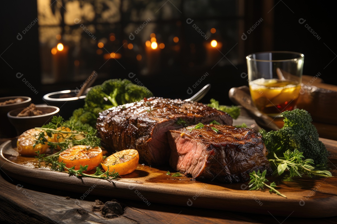 Picanha suculenta sobre brasas, rodeada de alecrim e sal.