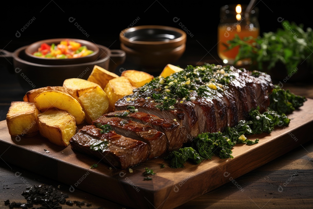 Picanha suculenta sobre brasas, rodeada de alecrim e sal.