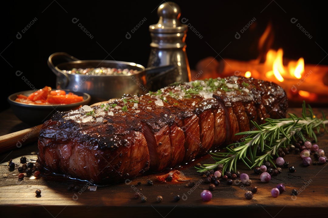 Picanha suculenta sobre brasas, rodeada de alecrim e sal.