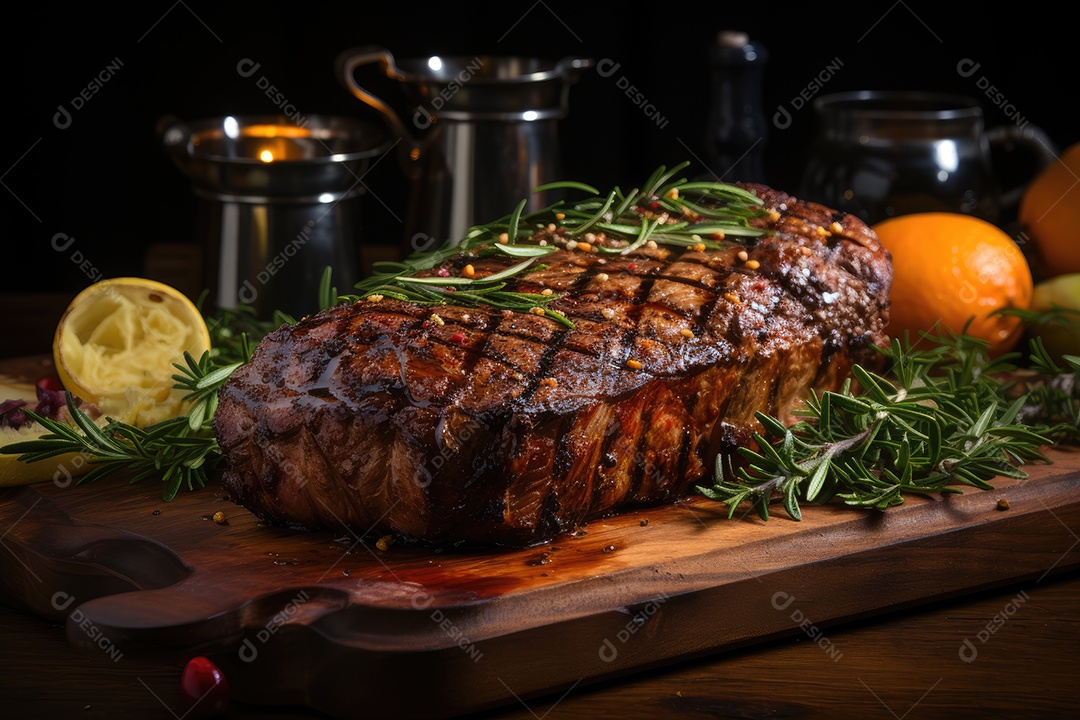 Picanha grelhada rodeada de alecrim sobre brasas incandescentes.