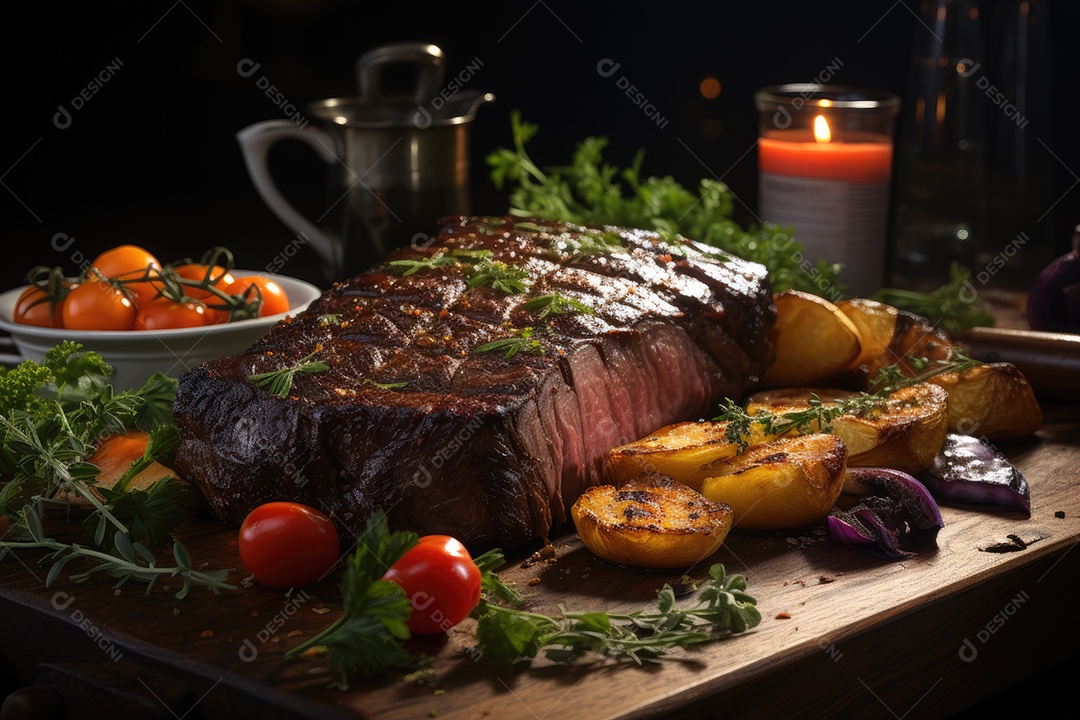 Picanha suculenta grelhada com perfeição, rodeada por talheres e vegetais frescos. (1)