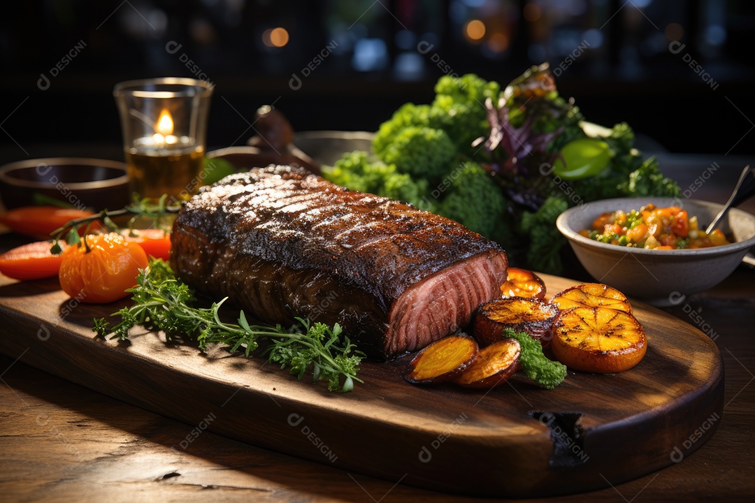 Picanha suculenta sobre brasas, rodeada de alecrim e sal.