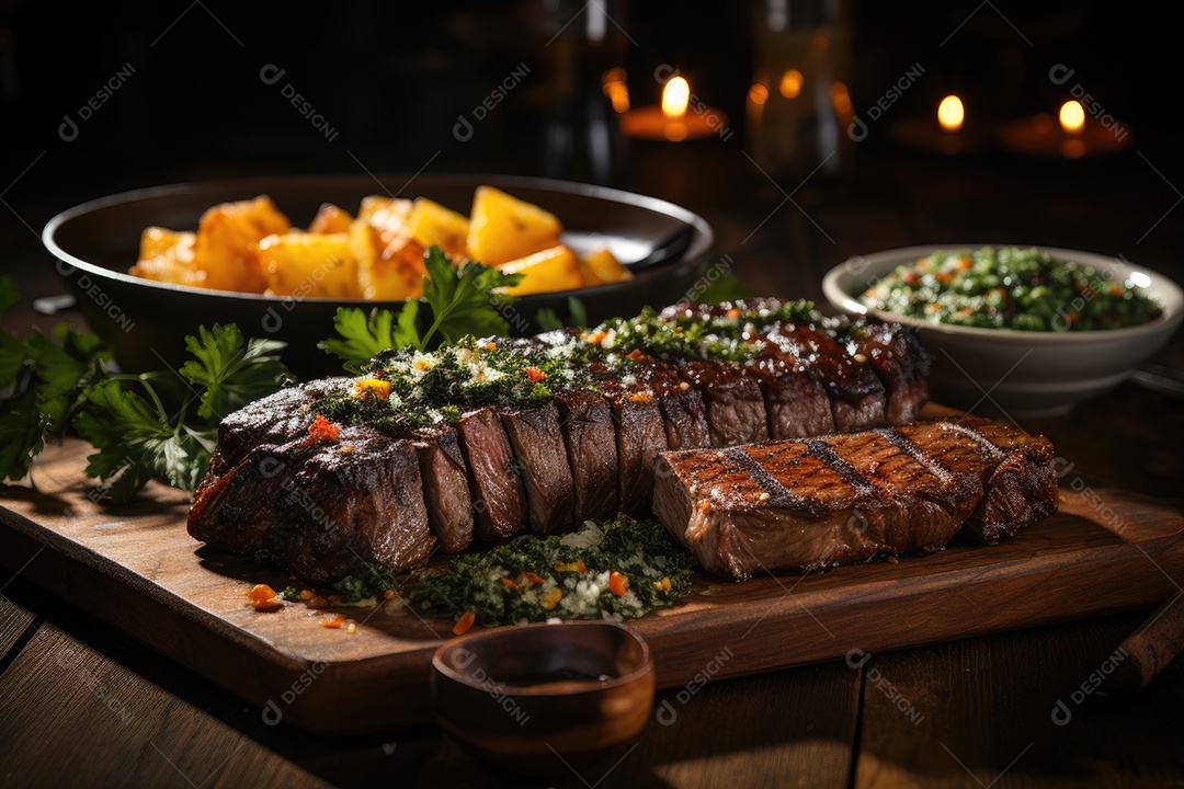 Picanha suculenta grelhada com perfeição, rodeada por talheres e vegetais frescos.