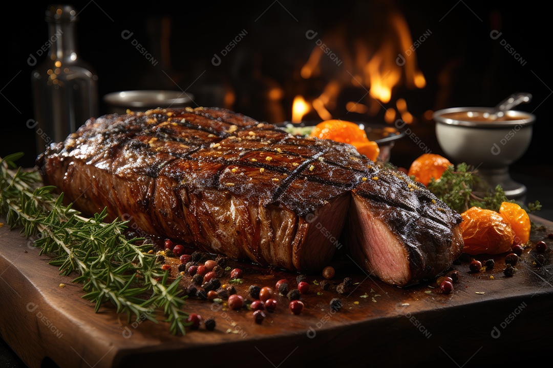 Picanha suculenta sobre brasas, rodeada de alecrim e sal.