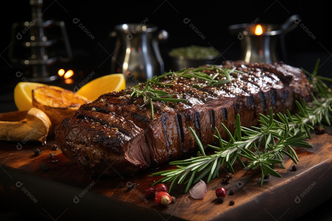 Picanha suculenta sobre brasas, rodeada de alecrim e sal.