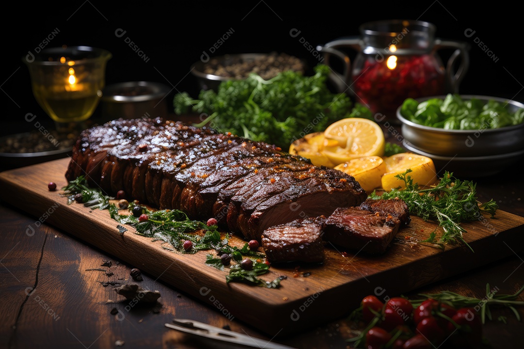 Picanha suculenta sobre brasas, rodeada de alecrim e sal.