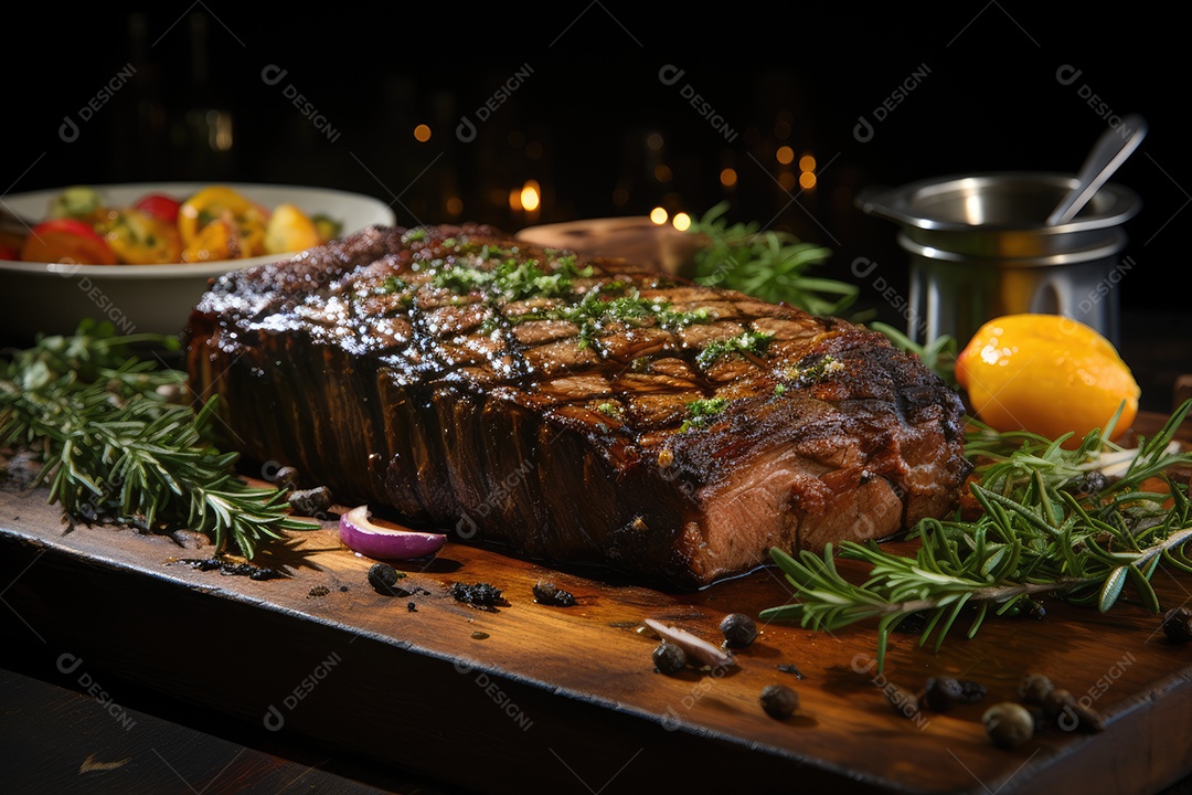 Picanha suculenta sobre brasas, rodeada de alecrim e sal.
