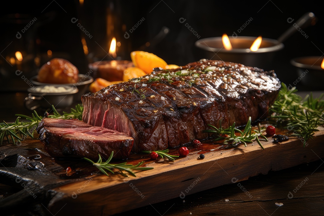 Picanha suculenta sobre brasas, rodeada de alecrim e sal.
