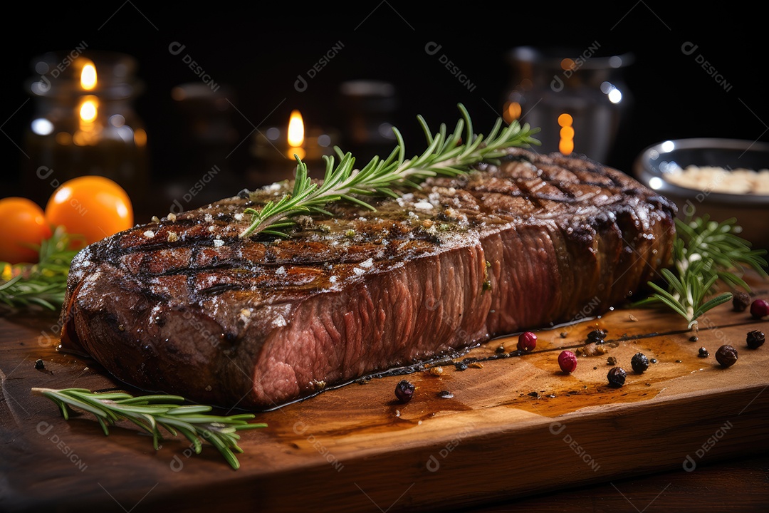 Picanha suculenta sobre brasas, rodeada de alecrim e sal.