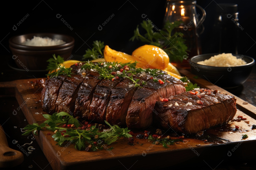 Picanha suculenta sobre brasas, rodeada de alecrim e sal.