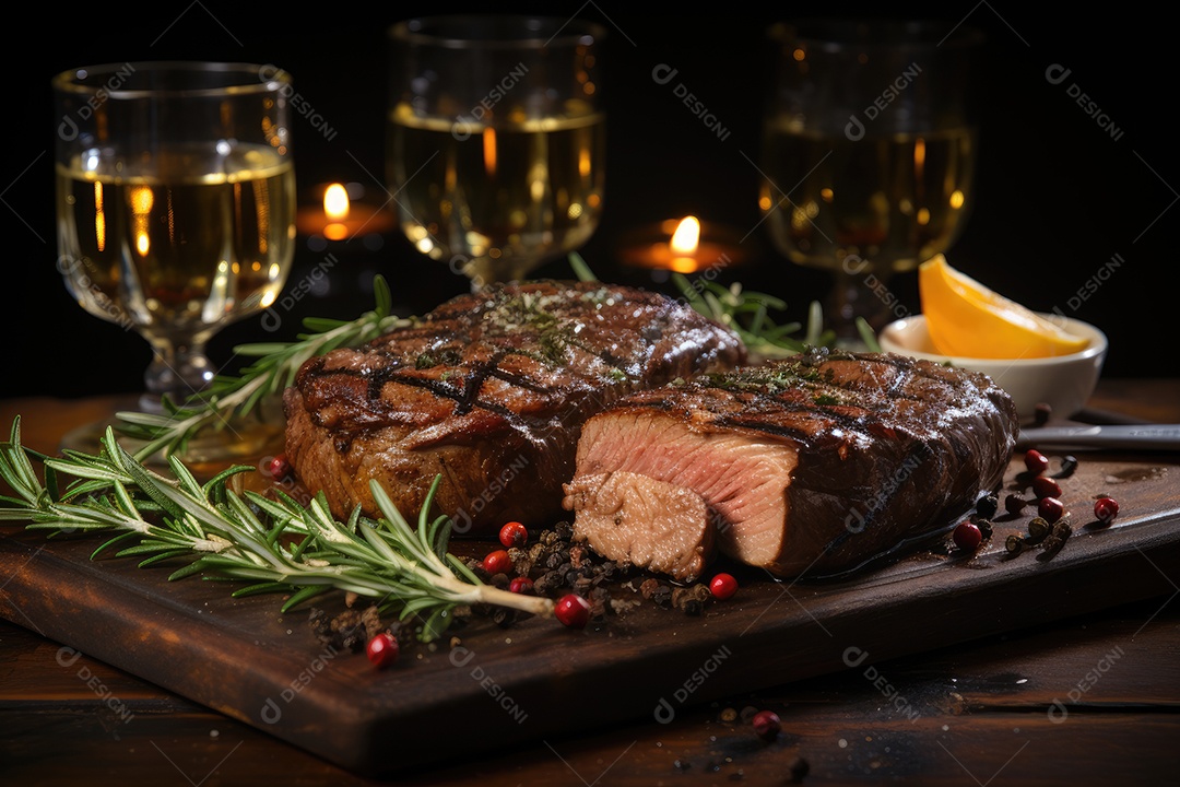 Picanha suculenta sobre brasas, rodeada de alecrim e sal.