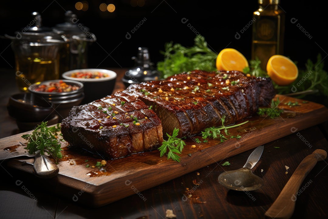 Picanha suculenta sobre brasas, rodeada de alecrim e sal.