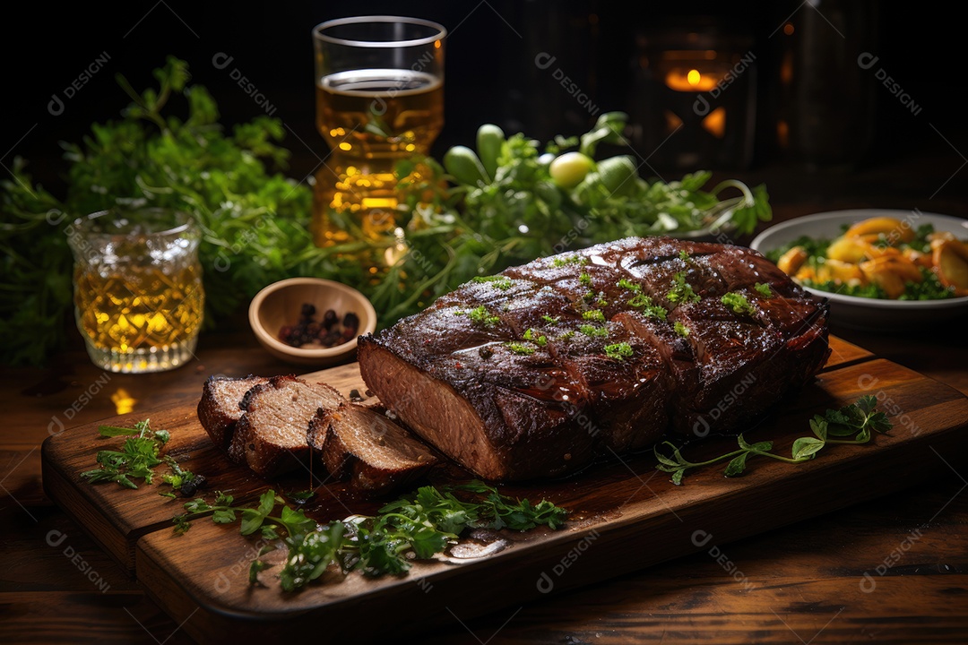 Picanha suculenta sobre brasas, rodeada de alecrim e sal.