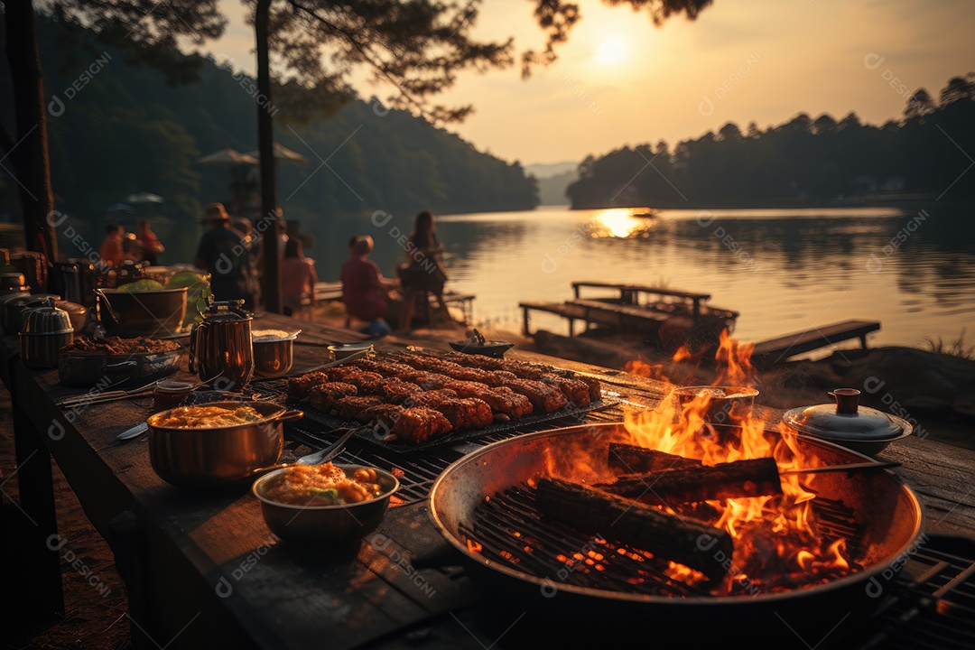 Churrasco à beira do lago ao anoitecer: cores quentes, amigos e carne suculenta.