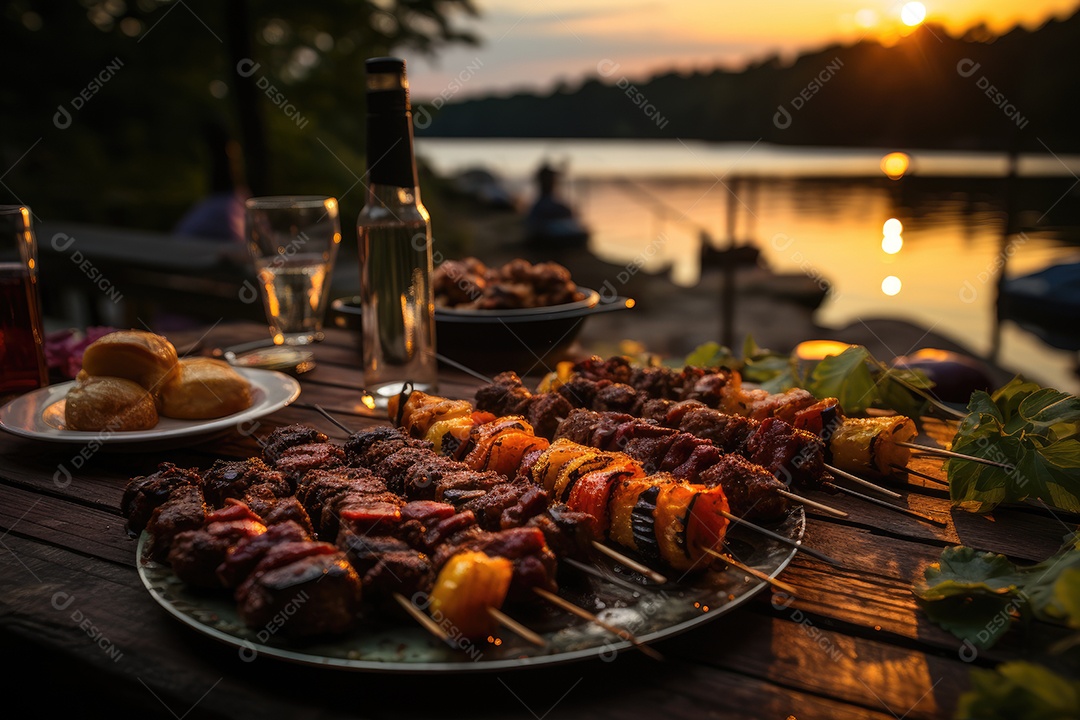 Churrasco à beira do lago ao anoitecer: cores quentes, amigos e carne suculenta.