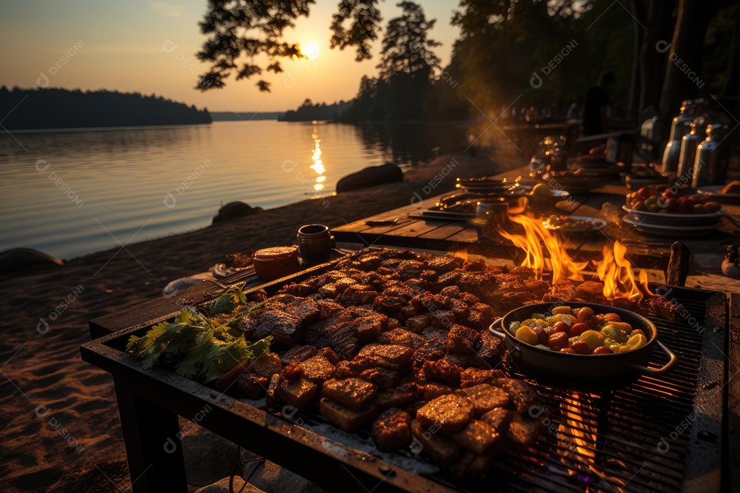 Churrasco à beira do lago ao anoitecer: cores quentes, amigos e carne suculenta.