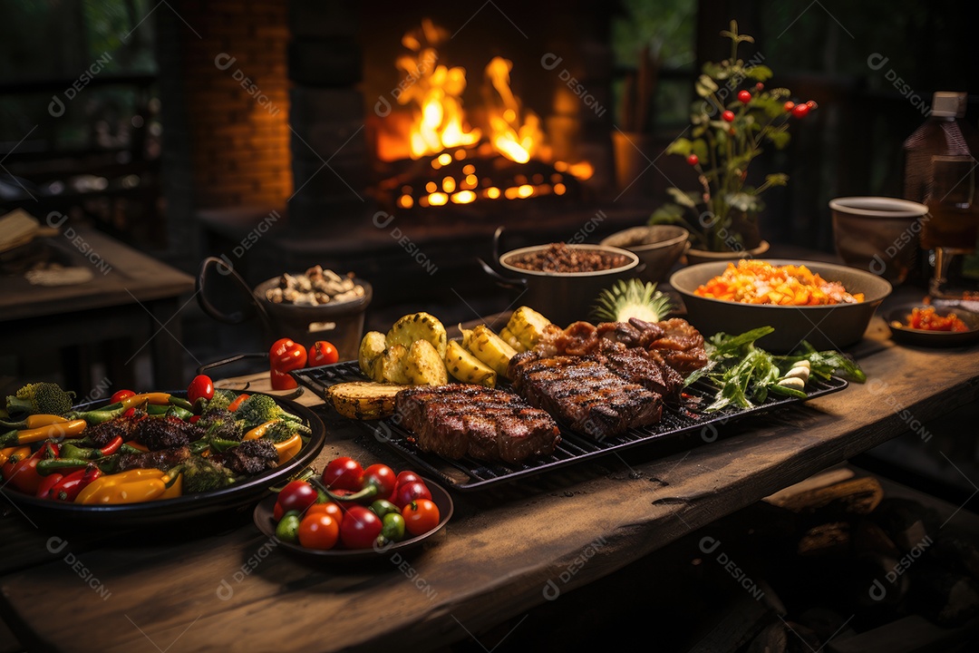 Churrasco à beira do lago ao anoitecer: cores quentes, amigos e carne suculenta.