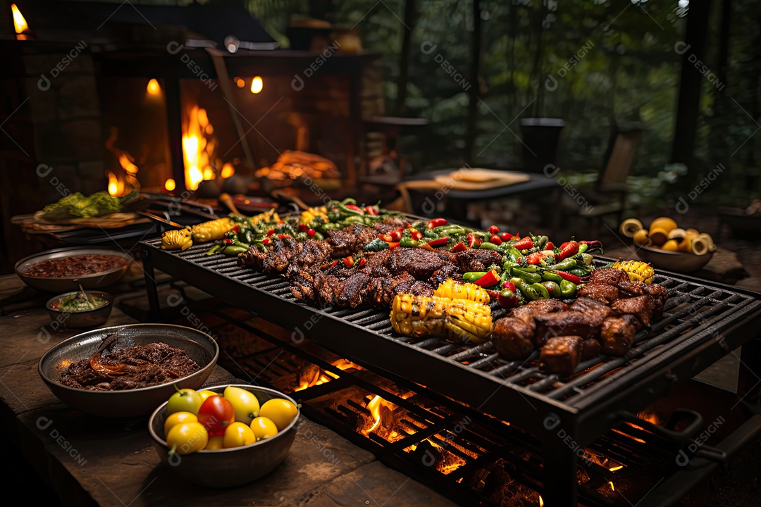 Churrasco na floresta: espetinhos suculentos, amigos e fogueira