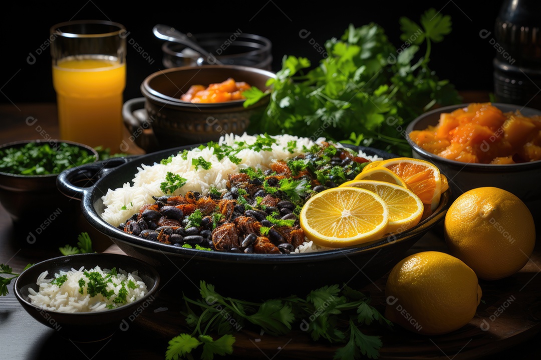 Mesa brasileira farta feijoada, arroz, couve, laranjas e farofa.