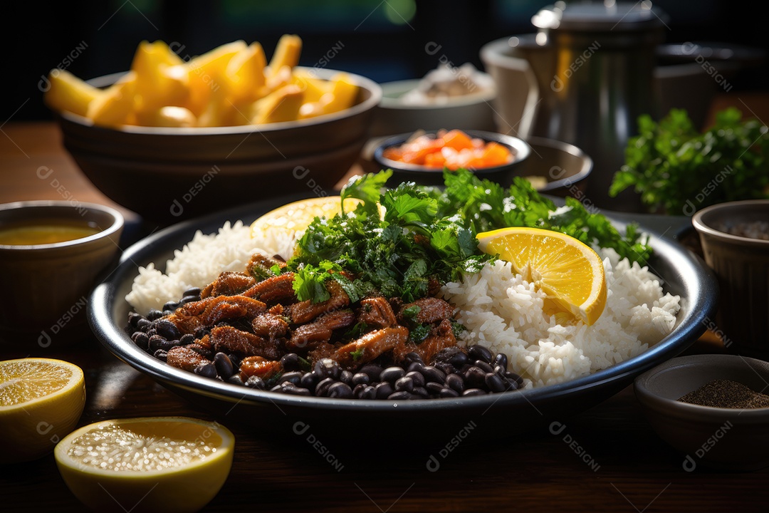 Mesa brasileira farta feijoada, arroz, couve, laranjas e farofa.