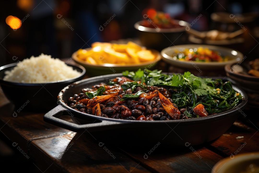 Farta mesa brasileira Feijão, moqueca, acarajés, vatapá, cachaça. Cores e sabores autênticos.