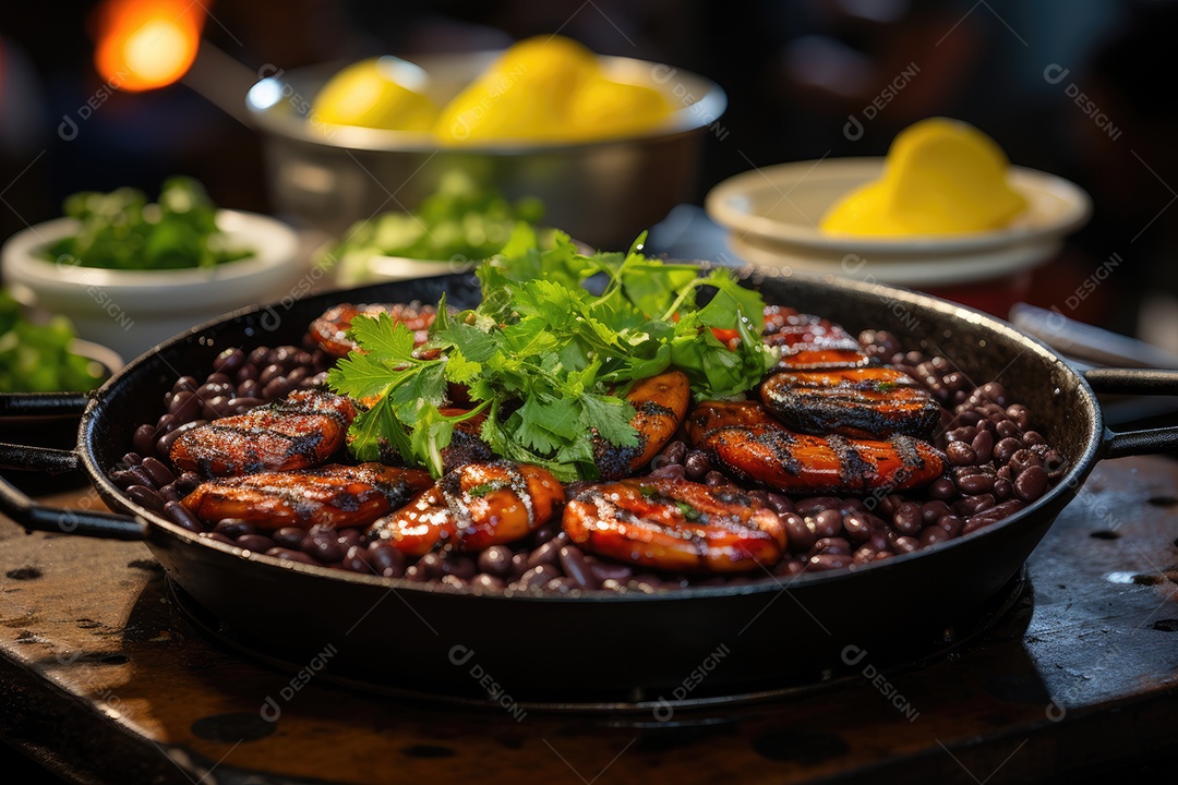 Farta mesa brasileira Feijão, moqueca, acarajés, vatapá, cachaça. Cores e sabores autênticos.
