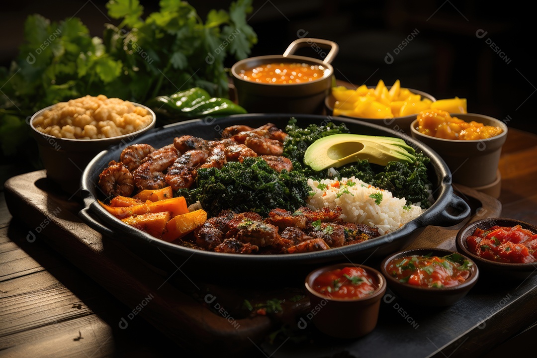 Banquete brasileiro feijão, carne de sol, acarajés, bobó e mais, numa mesa vibrante