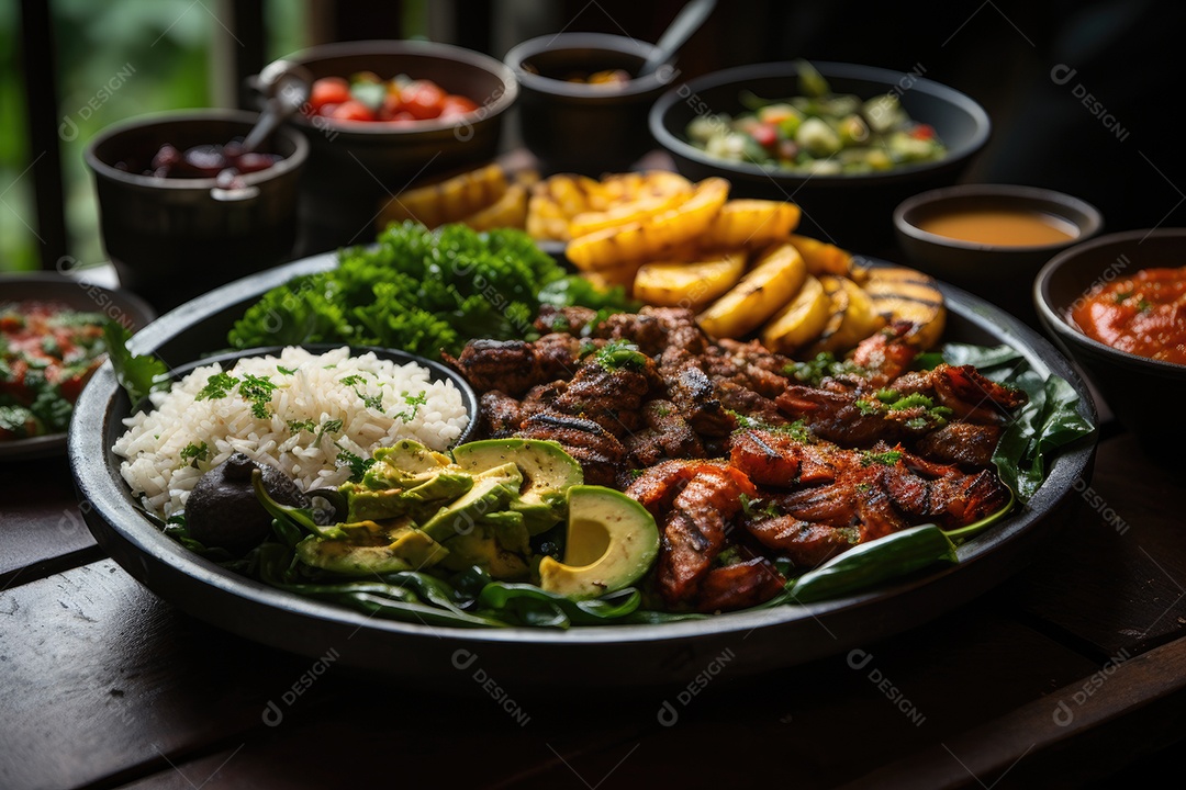 Banquete brasileiro feijão, carne de sol, acarajés, bobó e mais, numa mesa vibrante