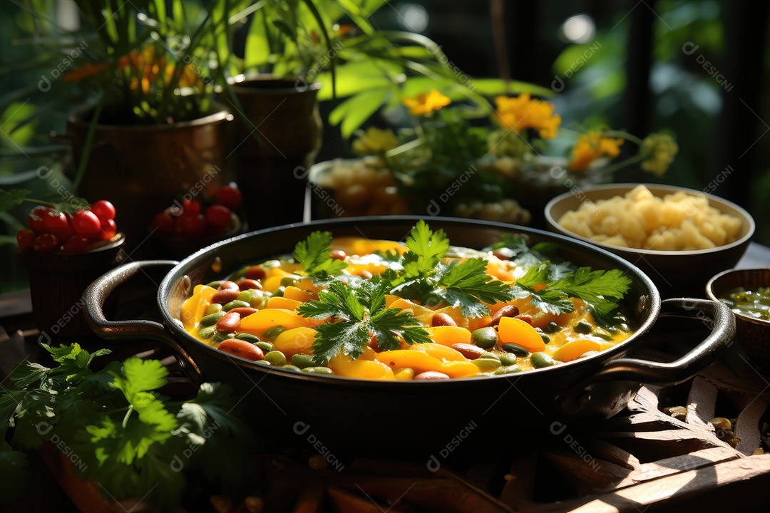 Banquete à beira do rio cores e sabores da comida brasileira em destaque.