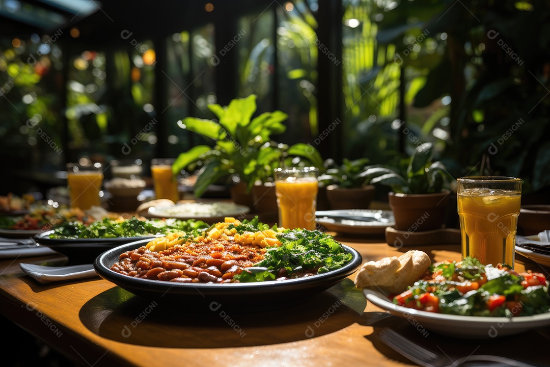 Banquete à beira do rio cores e sabores da comida brasileira em destaque.