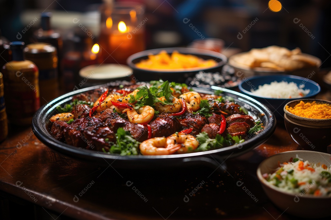 Banquete brasileiro Feijoada, acarajés, churrasco e açaí em cores vivas. (1)