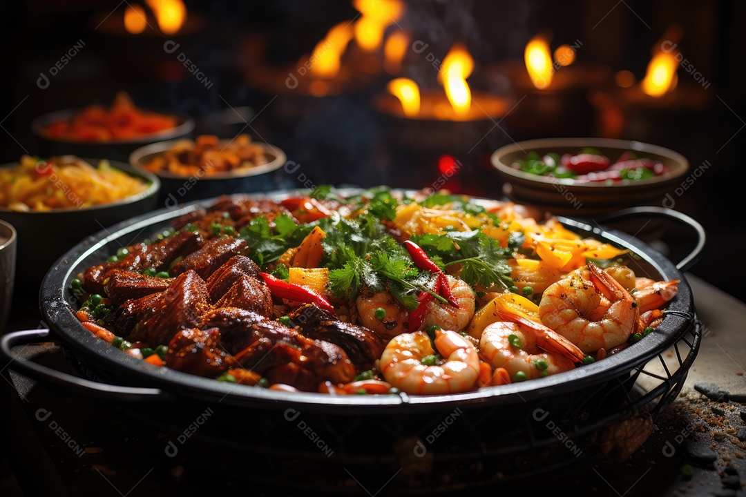 Banquete brasileiro Feijoada, acarajés, churrasco e açaí em cores vivas.