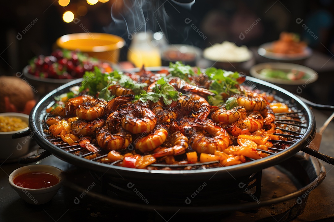 Banquete brasileiro Feijoada, acarajés, churrasco e açaí em cores vivas.