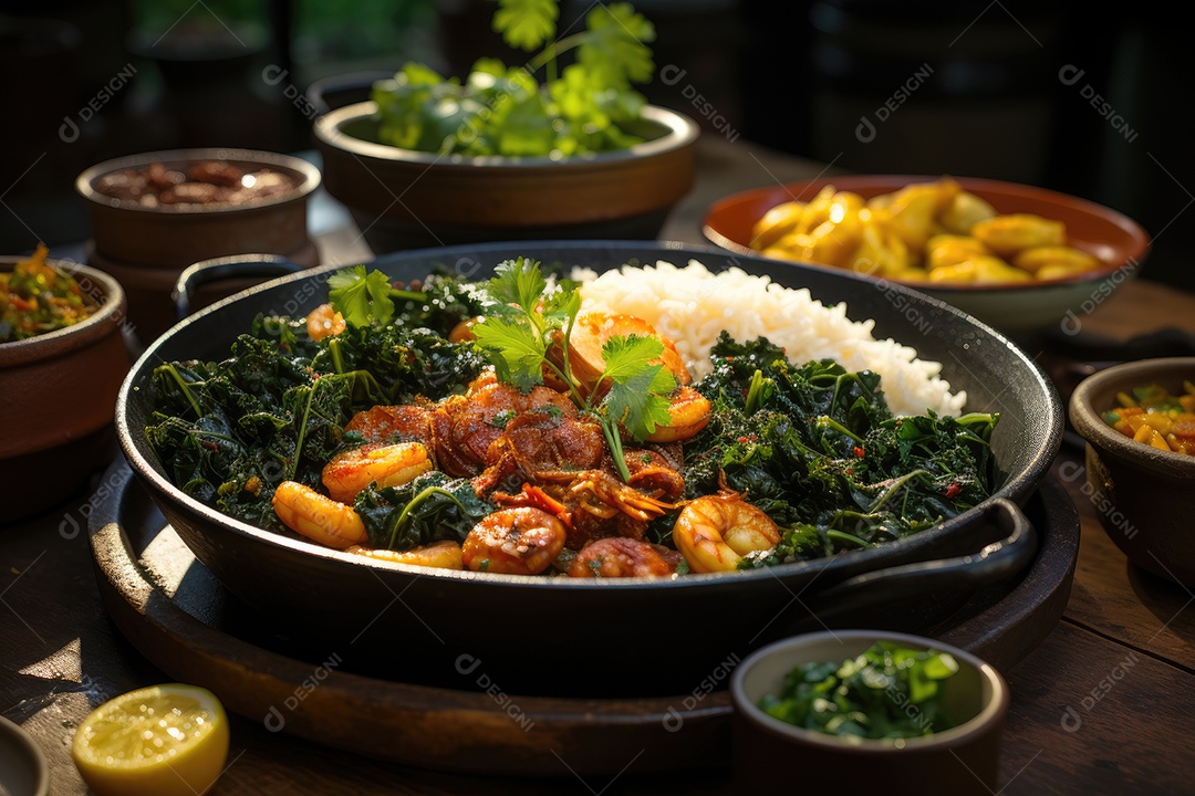 Banquete brasileiro feijoada, acarajés, bobó e cocada numa mesa rústica, cercados por folhagens.