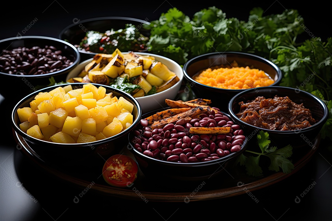 Variedade de pratos brasileiros coloridos e apetitosos em mesa festiva.