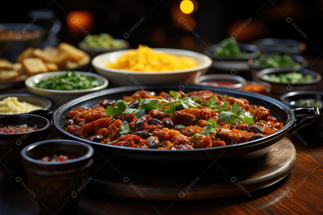 Mesa brasileira farta de iguarias tradicionais e coloridas.