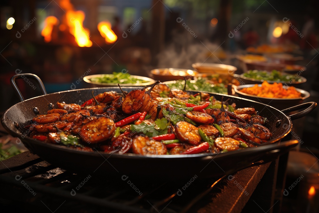 Feira brasileira repleta de iguarias e cores, com música de fundo.