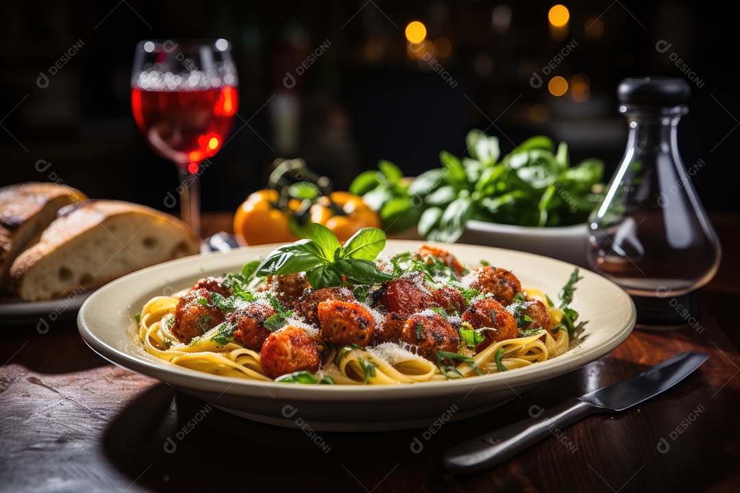 Banquete italiano Mesa farta, pratos coloridos e vinho, evocando a Toscana.