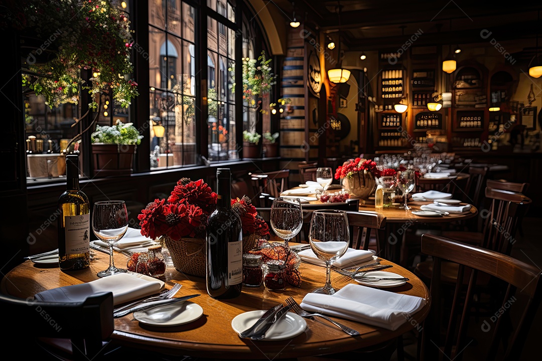 Cena italiana Mesa cheia de pratos de massa em trattoria acolhedora ao entardecer. (1)