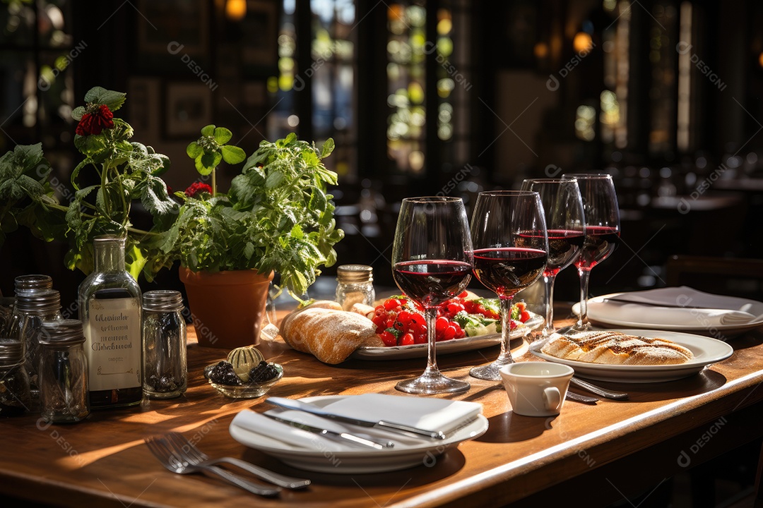 Cena italiana Mesa cheia de pratos de massa em trattoria acolhedora ao entardecer.