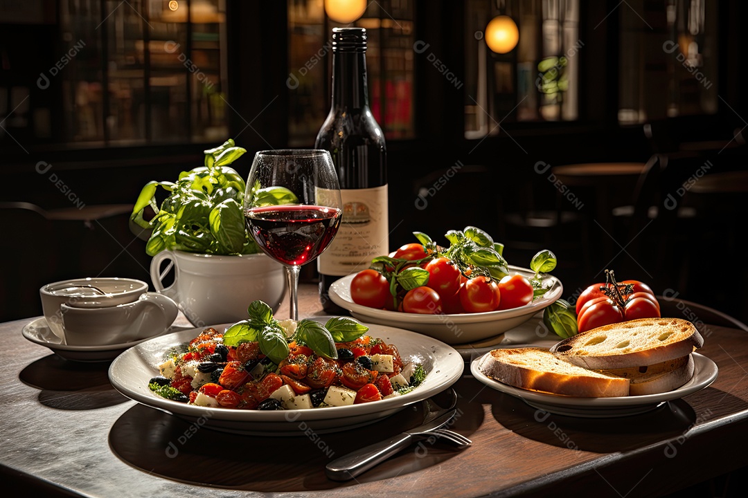 Cena italiana Mesa cheia de pratos de massa em trattoria acolhedora ao entardecer.