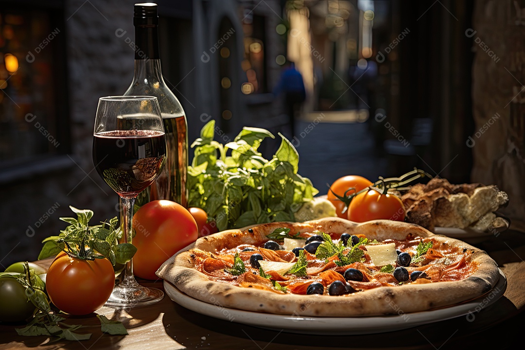 Mesa italiana farta sob olival centenário em animada praça.