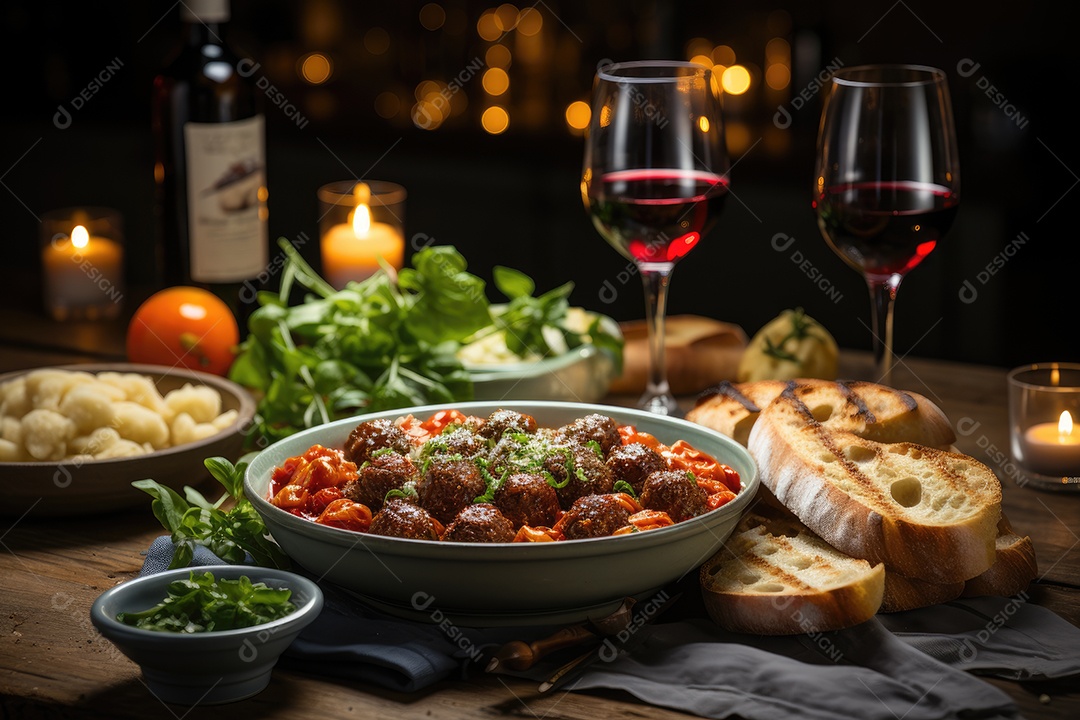 Banquete italiano: macarrão, vinho, tiramisu e muito mais.