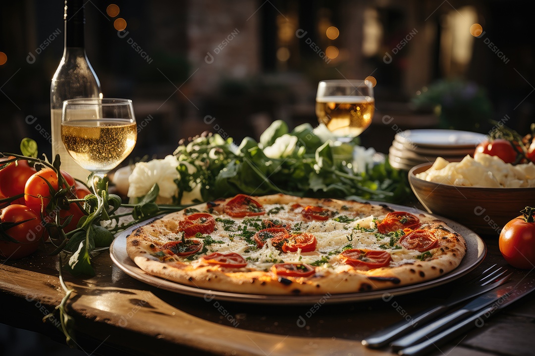 Banquete italiano: pizza e carbonara em mesa rústica.