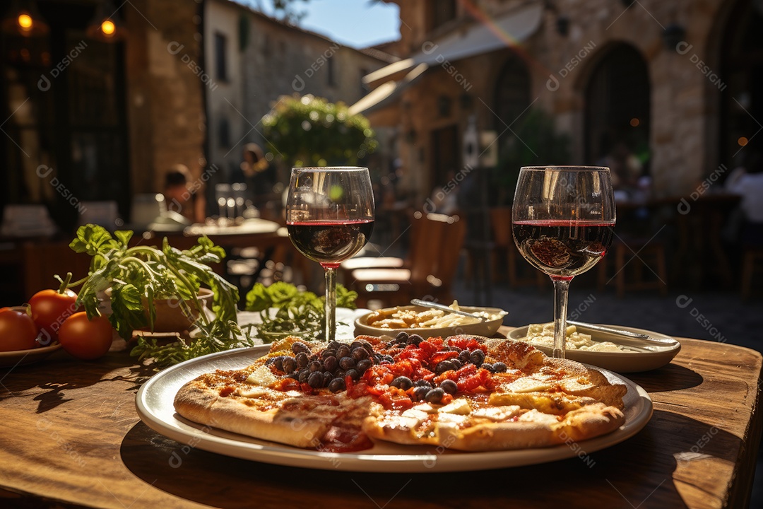 Praça Toscana: Mesa repleta de antepastos, massas e vinho ao pôr do sol.
