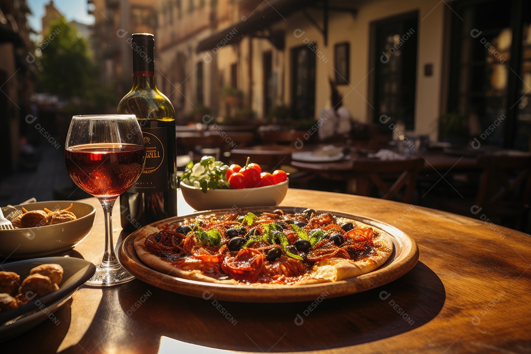 Praça Toscana: Mesa repleta de antepastos, massas e vinho ao pôr do sol.